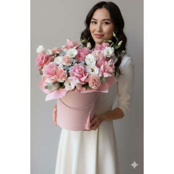 Коробка из букета цветов роз, лизиантусов, гвоздики и эвкалипта Коробка из букета цветов роз, лизиантусов, гвоздики и эвкалипта